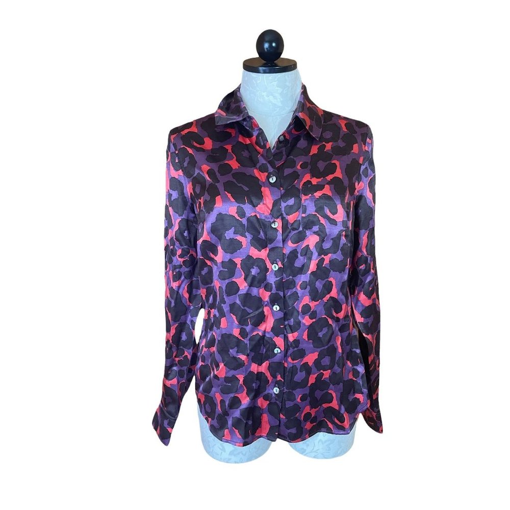 Boden Long Sleeve Top Collared Blouse Button Front Geometric Silk Viscose 8